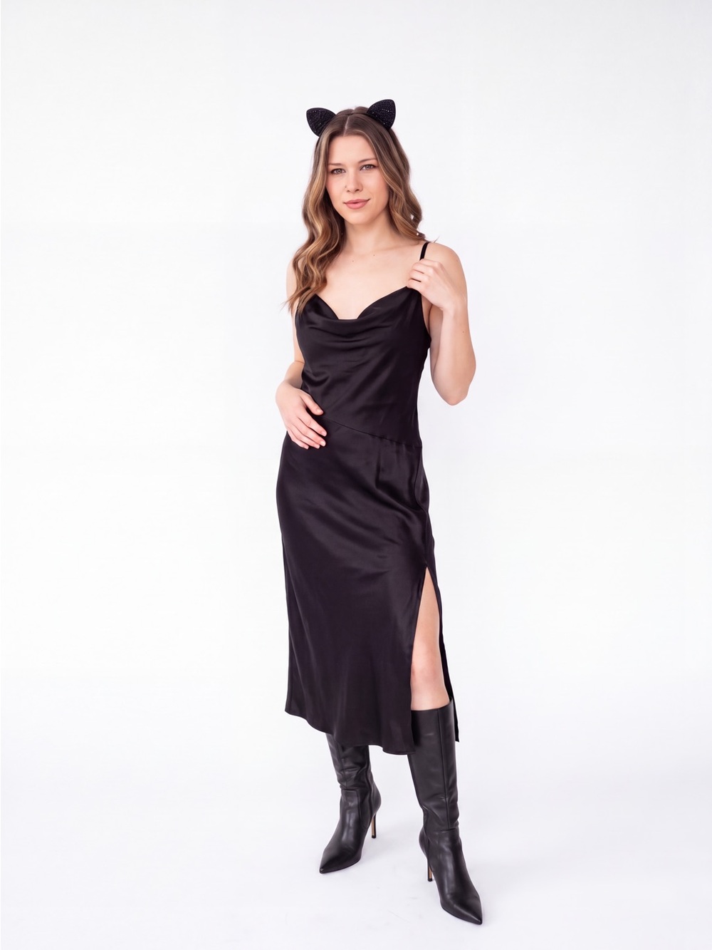 Chic Black Cat Halloween Costume Set Satin Slip Dress & Rhinestone Ears